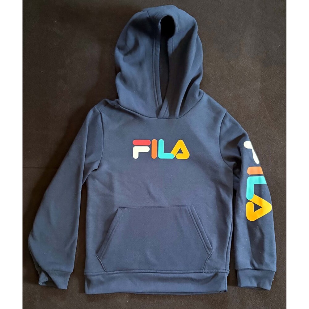 Fila Boys Hoodie Sweatshirt Navy Blue Size Medium M 10 Multi Color Logo Pullover